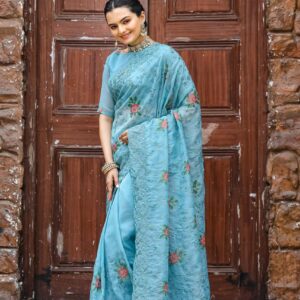 Women's Elegant Sage Green Georgette Saree with Delicate Floral Embroidery & Sequin Work – Perfect for Summer Festivities & Day Events